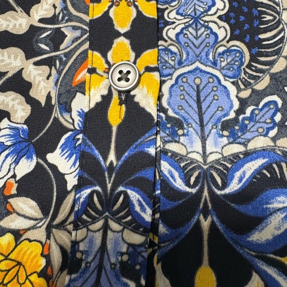 LOFT Long Sleeve Ruffled Drop Wsist Shift Dress. Navy with Yellow Floral Print - Picture 13 of 14